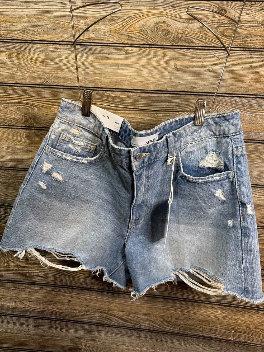 Light Blue Distressed Denim Jean Shorts - Casual Frayed Hem